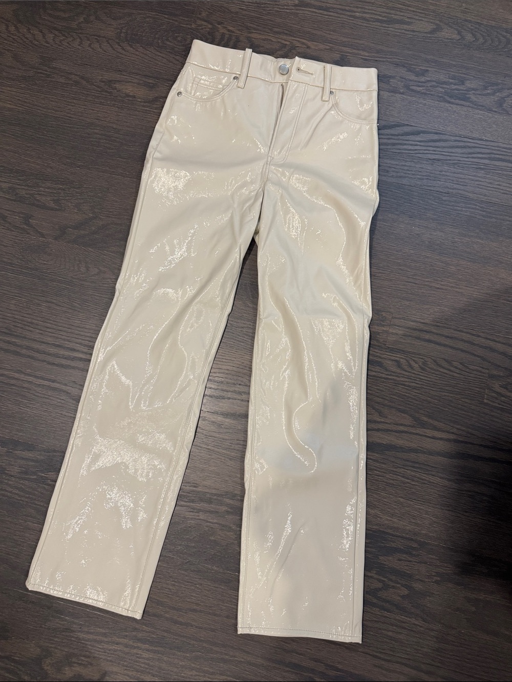 Glossy Cream Faux Leather Jeans for Women